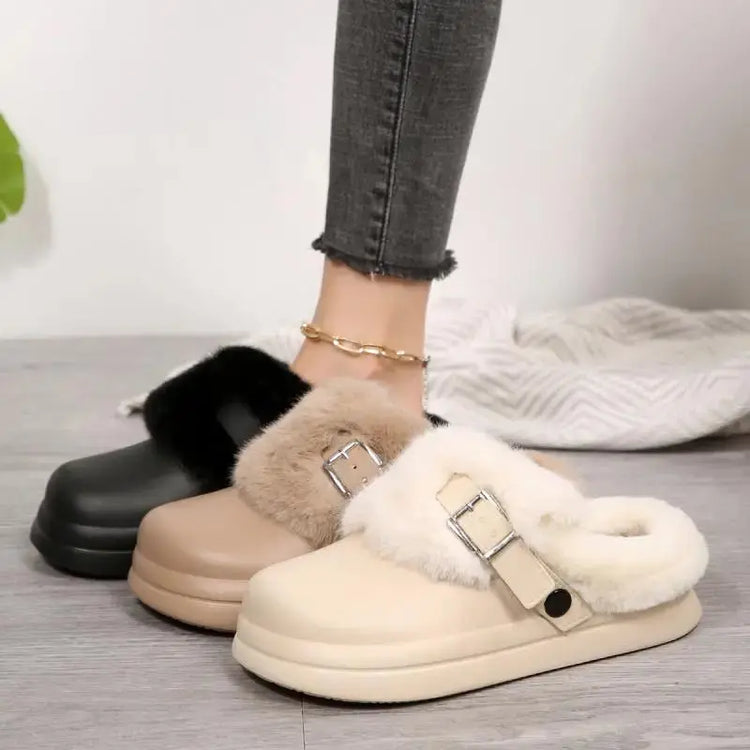 Thick Bottom Furry Clogs Women 2025 Winter Metal Buckle Waterproof Eva Plush Slippers Liebe - Making Life Easier