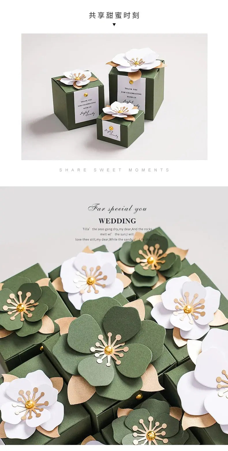 Wedding Candy Box Green Creative Flower Square Exquisite Personalized. - HASHTAG