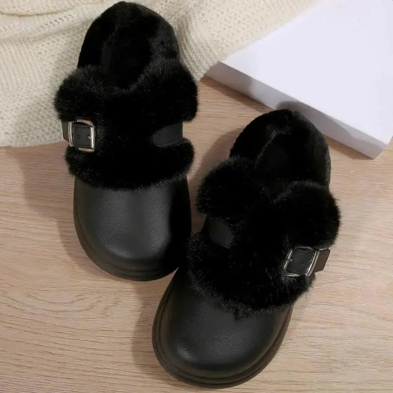 Thick Bottom Furry Clogs Women 2025 Winter Metal Buckle Waterproof Eva Plush Slippers Liebe - Making Life Easier