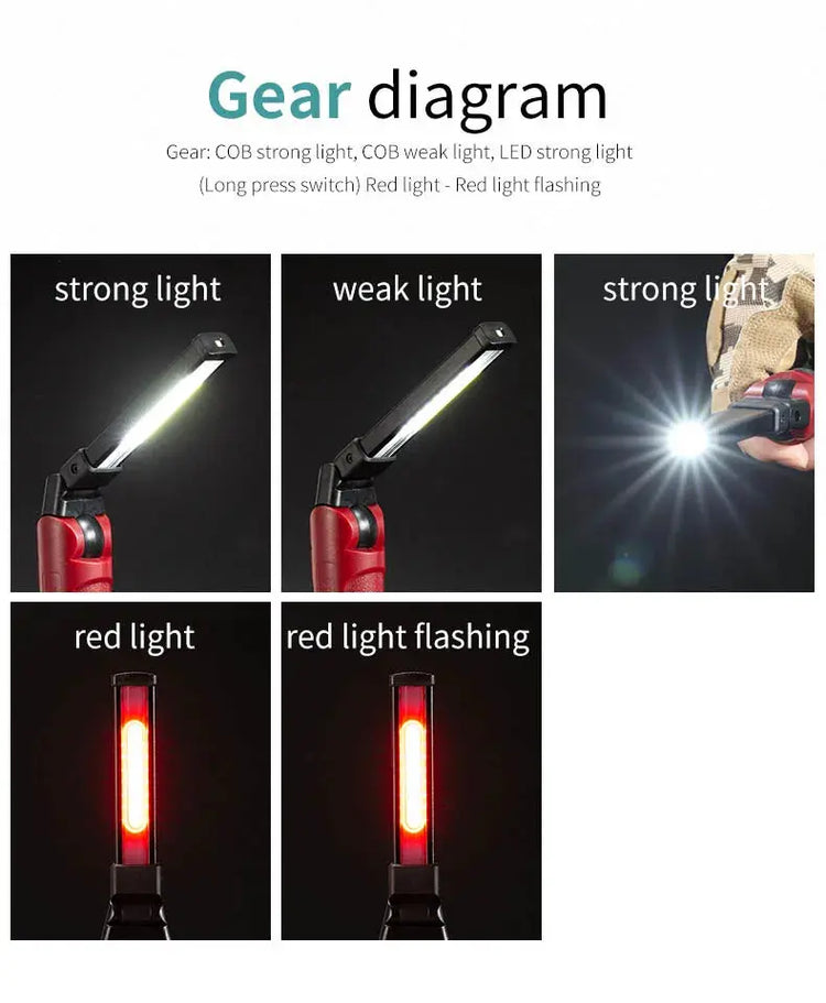 Lampada da lavoro a LED COB Torcia pieghevole ricaricabile Illuminazione da campeggio per riparazioni auto Lampade portatili con gancio magnetico - My Hashtag Shop