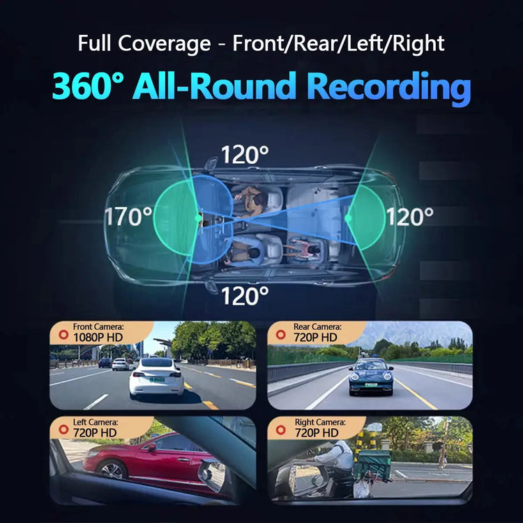 Dashcam 4 canali wifi car dvr cruscotto telecamere per auto way back box modalità parcheggio 24 ore anteriore e posteriore interno 360 dash cam - My Hashtag Shop
