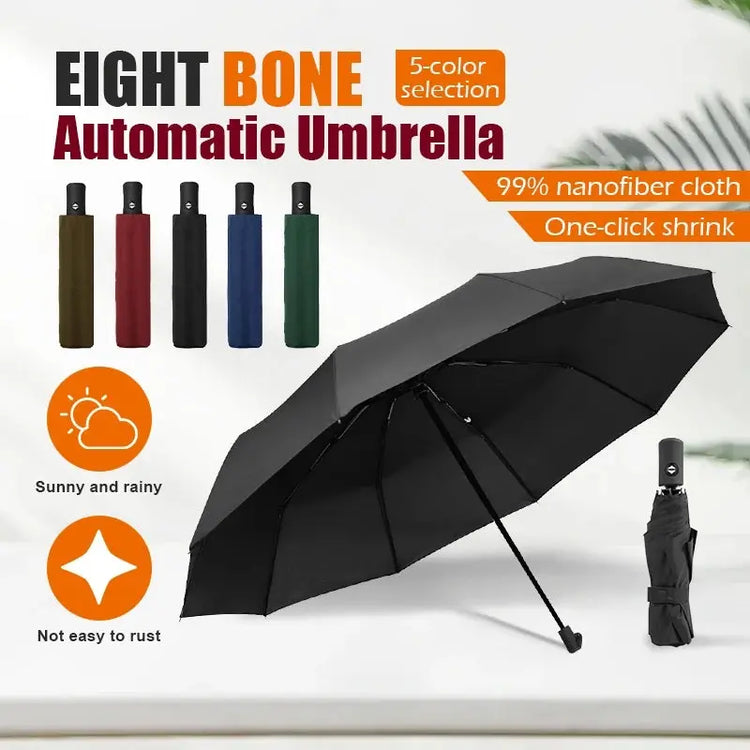 Ombrellone automatico per pioggia e sole Rivestimento nero Ombrellone Anti-UV 3 Pieghevole Resistente al vento Auto di lusso Grande antivento Donna Uomo 8 posti - My Hashtag Shop