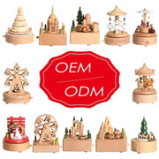 Christmas Gifts Wholesale Logo Engraved Mechanical Wind-Up Carousel Rotating Ballerina Wooden Music Box for Gift HASHTAG