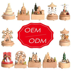 Christmas Gifts Wholesale Logo Engraved Mechanical Wind-Up Carousel Rotating Ballerina Wooden Music Box for Gift HASHTAG