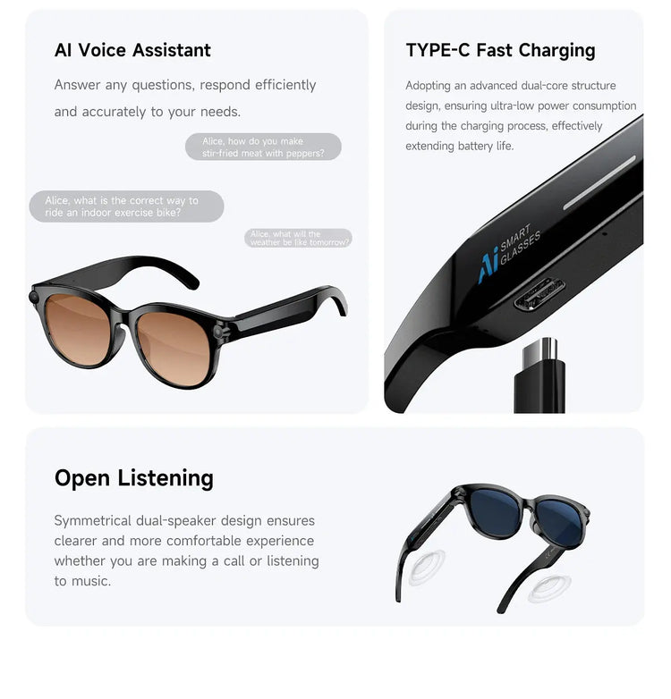 Occhiali Smart AI 2026 per Uomo e Donna, Fotocamera HD 200W, Video 1080P, Assistente Vocale AI, Traduzione, Riproduzione Musicale, Torcia LED HASHTAG