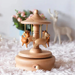 Christmas Gifts Wholesale Logo Engraved Mechanical Wind-Up Carousel Rotating Ballerina Wooden Music Box for Gift HASHTAG