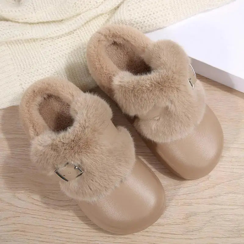 Thick Bottom Furry Clogs Women 2025 Winter Metal Buckle Waterproof Eva Plush Slippers Liebe - Making Life Easier