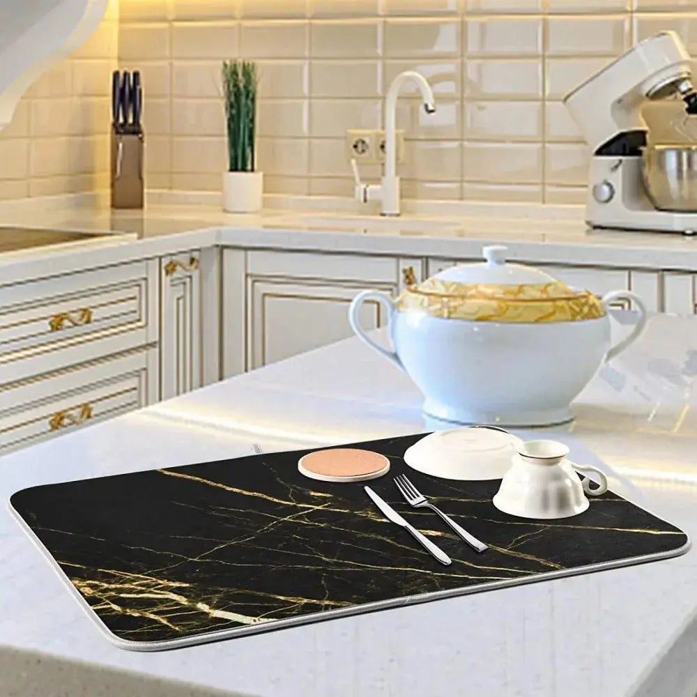 Absorbent Dish Drying Mat for Kitchen Counter with Hanging Loop Black Marble Gold - HASHTAG