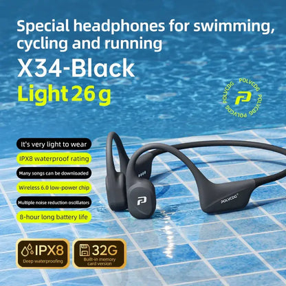 POLVCDG x34 Auricolari a Conduzione Ossea per Nuoto, con Testina in Silicone, Memoria da 32GB, Impermeabili IPX8, 26g, per Sport e Arrampicata