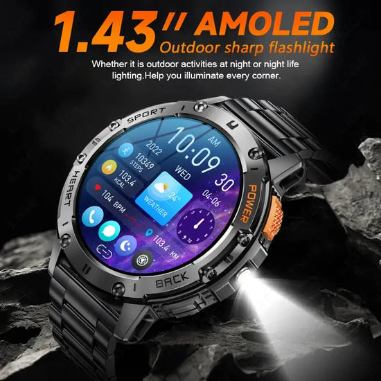 Per Android ios Nuovo AMOLED Smart Watch da uomo con torcia sportiva fitness tracker impermeabile chiamata Bluetooth Smartwatch uomo + scatola
