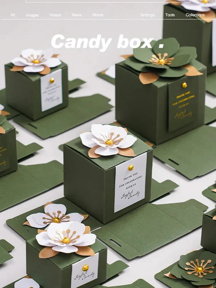 Wedding Candy Box Green Creative Flower Square Exquisite Personalized. - HASHTAG