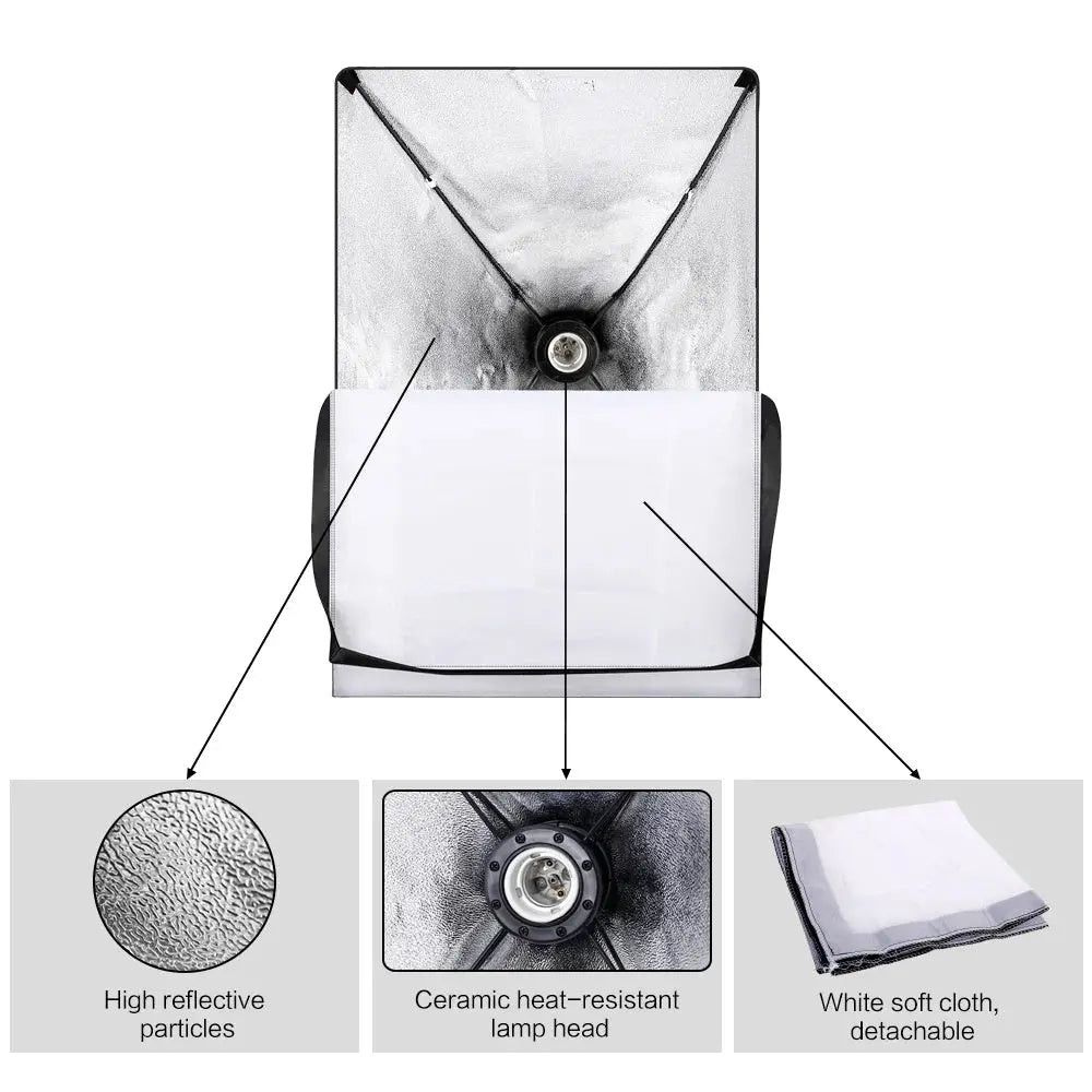 SH Kit di illuminazione Fotografia 50x70CM Softbox Sistema di illuminazione professionale con lampadine fotografiche E27 Attrezzatura per studio fotografico - My Hashtag Shop