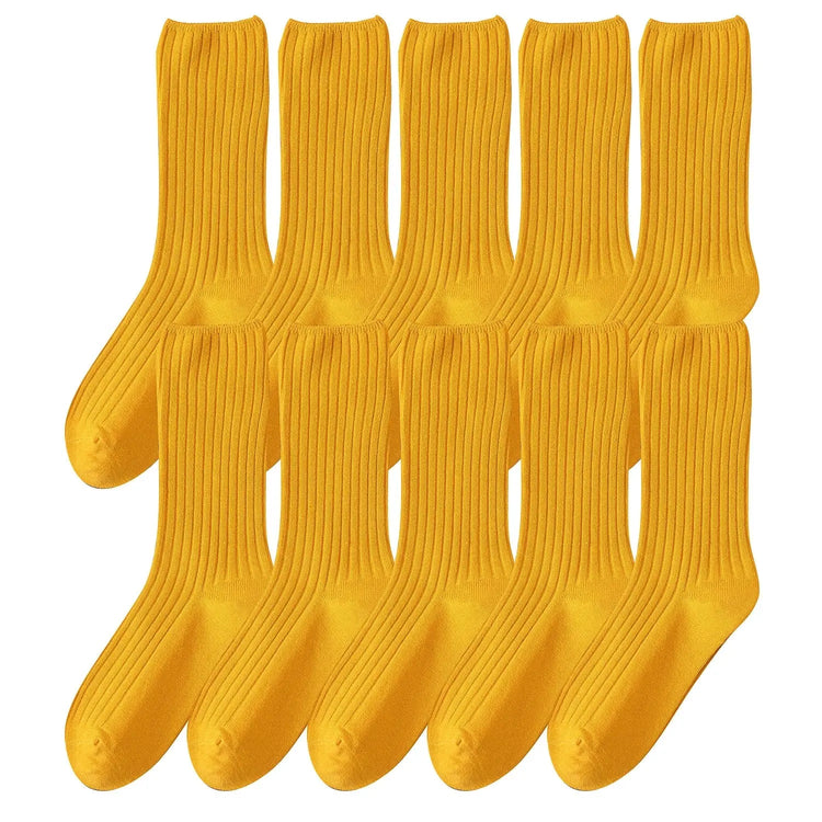 Women Cotton Loose Socks 10Pairs Retro Knitting Solid Color Long Black Liebe - Making Life Easier