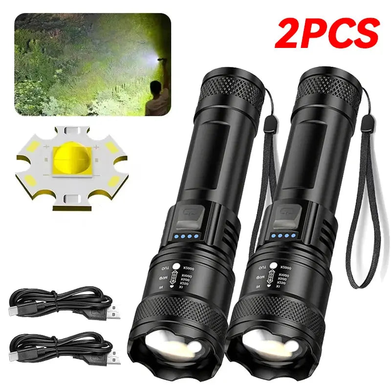 Torce a LED ad alta potenza Torcia tattica da 2000LM con luce display Ricarica USB Lanterna con zoom di emergenza per pesca da campeggio - My Hashtag Shop