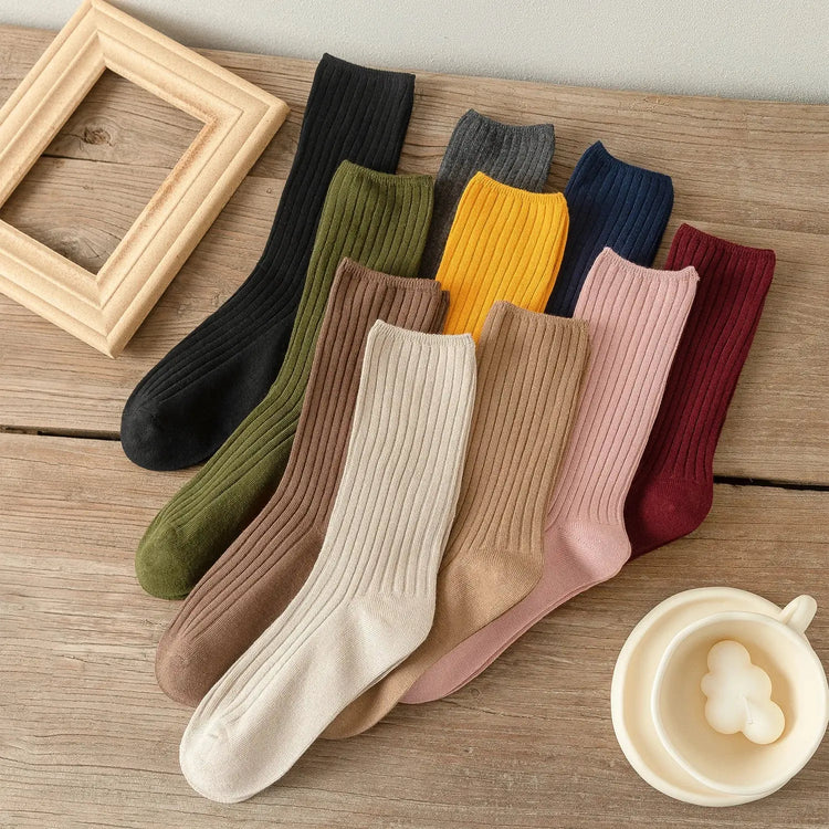 Women Cotton Loose Socks 10Pairs Retro Knitting Solid Color Long Black Liebe - Making Life Easier