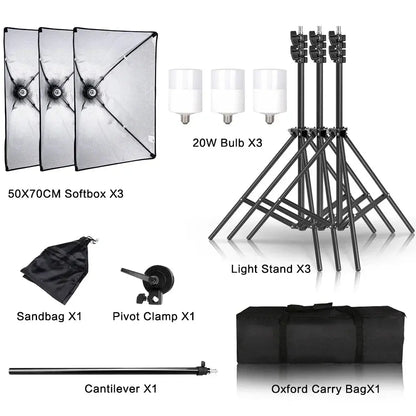 SH Kit di illuminazione Fotografia 50x70CM Softbox Sistema di illuminazione professionale con lampadine fotografiche E27 Attrezzatura per studio fotografico - My Hashtag Shop