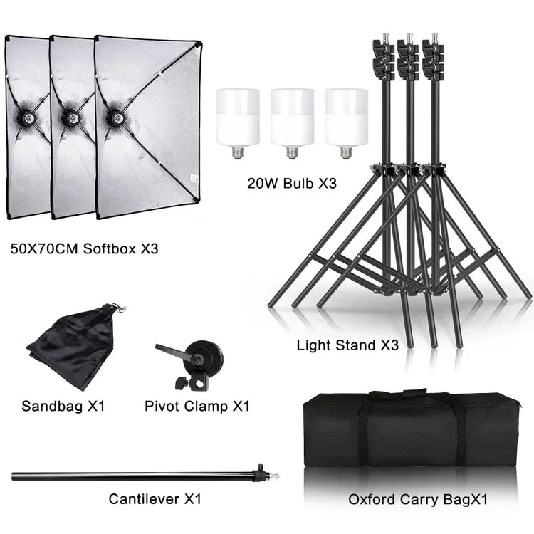 SH Kit di illuminazione Fotografia 50x70CM Softbox Sistema di illuminazione professionale con lampadine fotografiche E27 Attrezzatura per studio fotografico - My Hashtag Shop