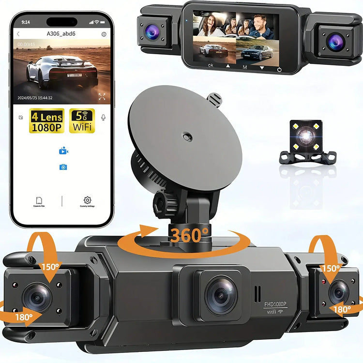 Dashcam 4 canali wifi car dvr cruscotto telecamere per auto way back box modalità parcheggio 24 ore anteriore e posteriore interno 360 dash cam - My Hashtag Shop