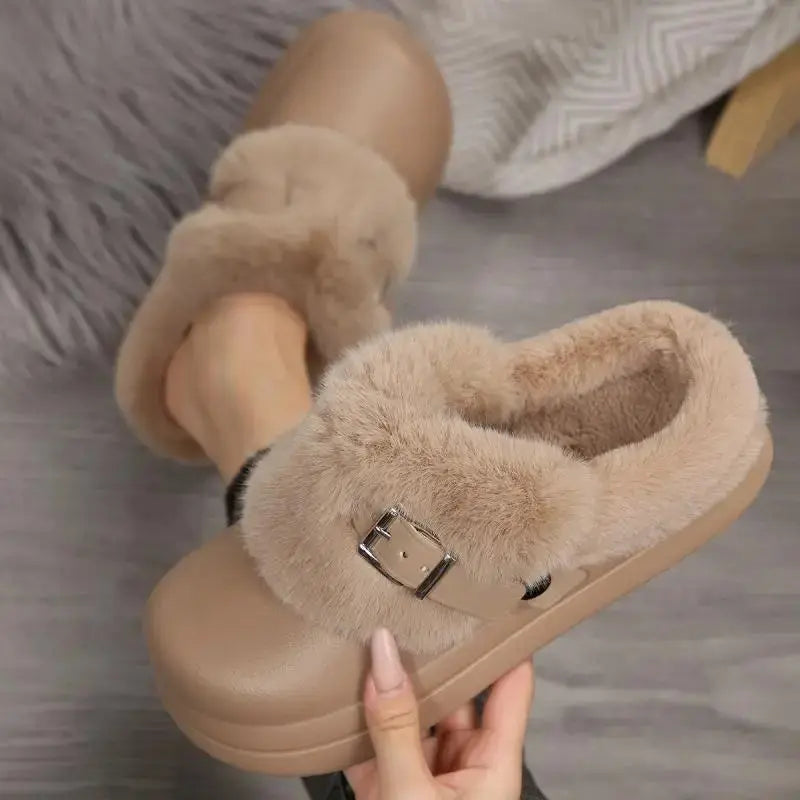 Thick Bottom Furry Clogs Women 2025 Winter Metal Buckle Waterproof Eva Plush Slippers Liebe - Making Life Easier