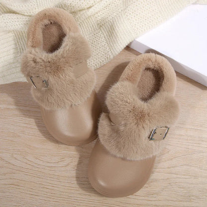 Thick Bottom Furry Clogs Women 2025 Winter Metal Buckle Waterproof Eva Plush Slippers Liebe - Making Life Easier