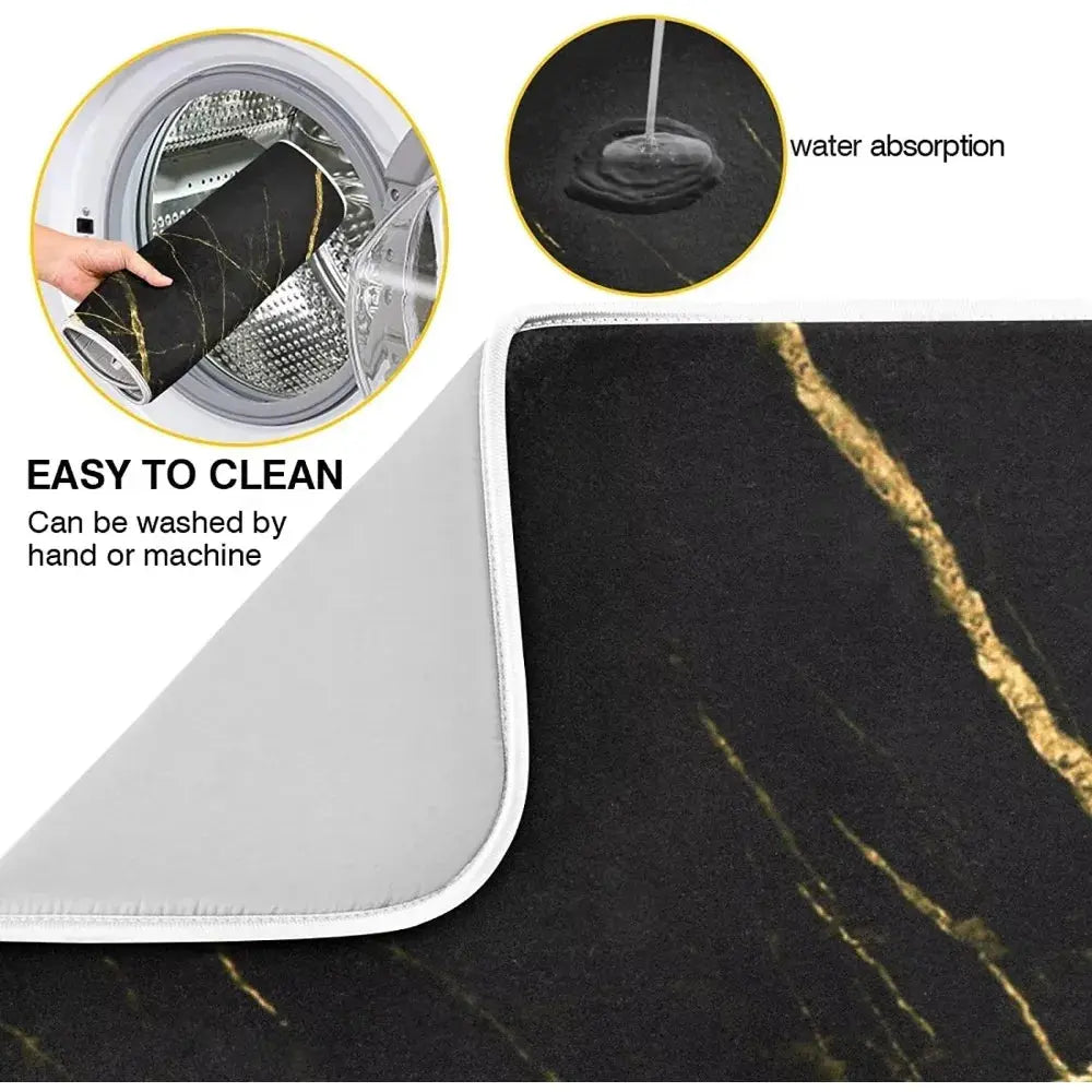 Absorbent Dish Drying Mat for Kitchen Counter with Hanging Loop Black Marble Gold - HASHTAG