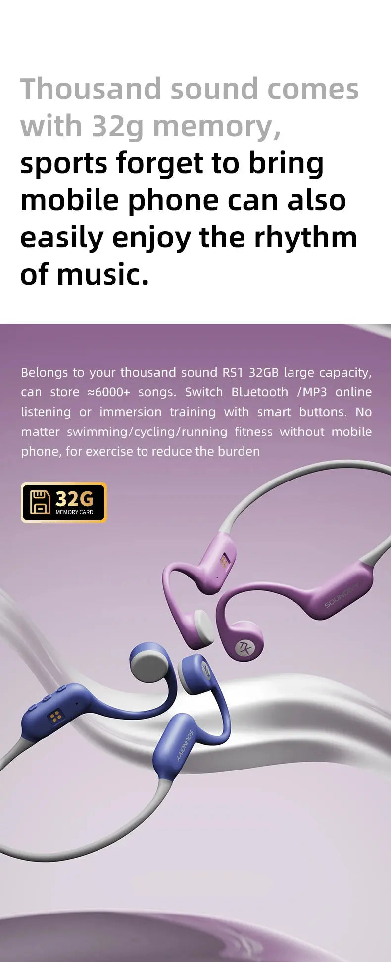 SOUNDIVY RS1 Auricolari a conduzione ossea Bluetooth Wireless Memoria da 32 GB IPX8 Auricolari sportivi per nuoto e corsa impermeabili - My Hashtag Shop