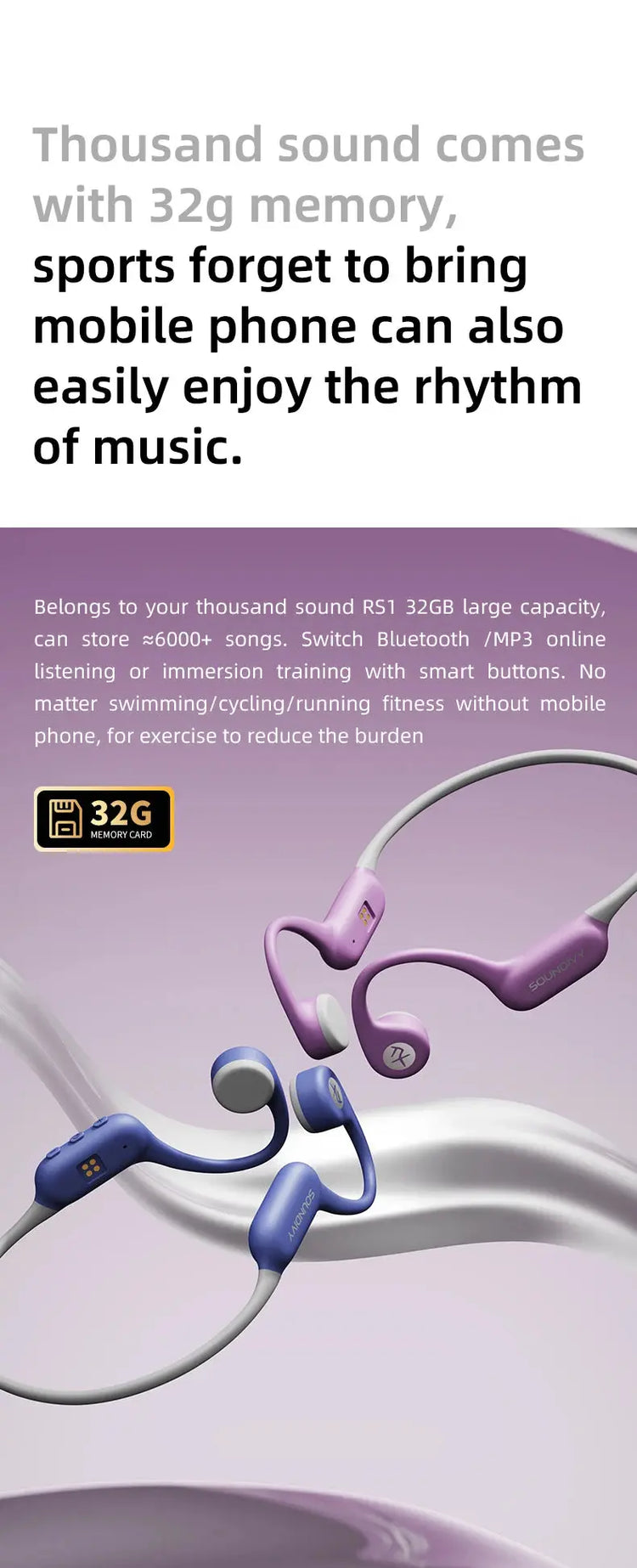 SOUNDIVY RS1 Auricolari a conduzione ossea Bluetooth Wireless Memoria da 32 GB IPX8 Auricolari sportivi per nuoto e corsa impermeabili - My Hashtag Shop