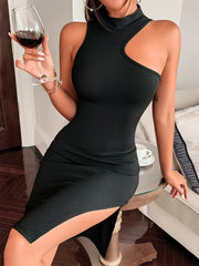Ribbed Bodycon Tank Dress, Sexy Mock Neck Asymmetrical Sleeveless Dress, Women's Clothing HASHTAG