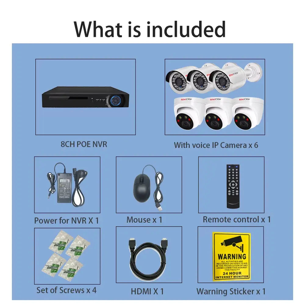 4K 8MP Ultra HD POE IP Security Camera System NVR Kit with Audio Out Door Bullet Indoor Dome Human Detection Video Surveillance