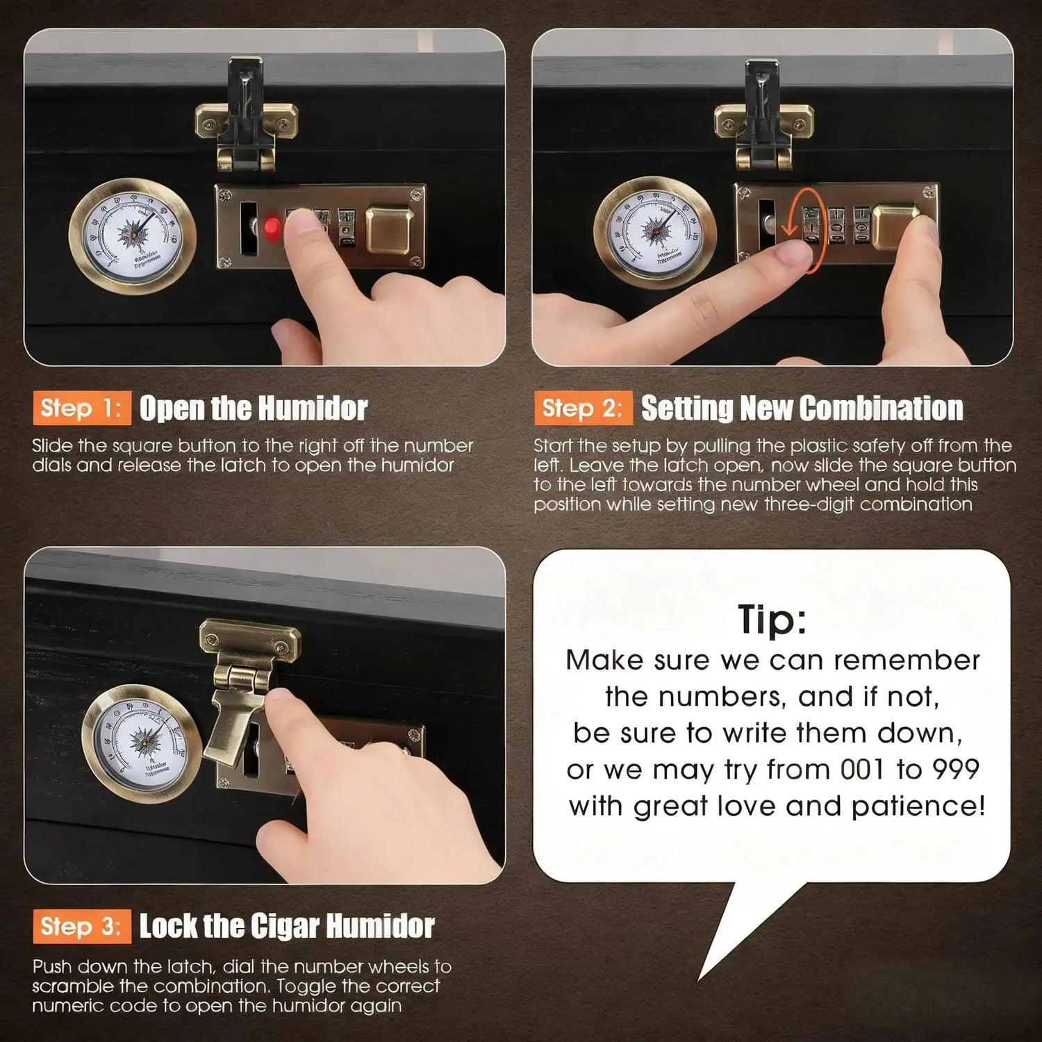 Cigar Humidor Solid Wood Combination Lock, Glass Top Cedar Storage Box Holds 35 Cigars, Humidifier Hygrometer Accessory Drawer HASHTAG