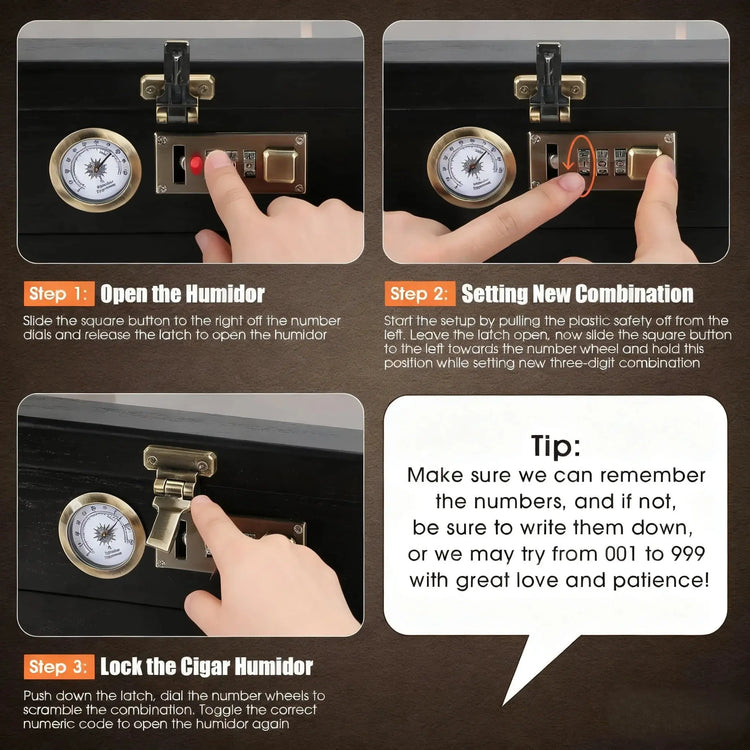 Cigar Humidor Solid Wood Combination Lock, Glass Top Cedar Storage Box Holds 35 Cigars, Humidifier Hygrometer Accessory Drawer HASHTAG