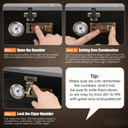 Cigar Humidor Solid Wood Combination Lock, Glass Top Cedar Storage Box Holds 35 Cigars, Humidifier Hygrometer Accessory Drawer HASHTAG