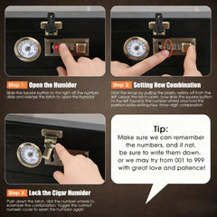 Cigar Humidor Solid Wood Combination Lock, Glass Top Cedar Storage Box Holds 35 Cigars, Humidifier Hygrometer Accessory Drawer HASHTAG