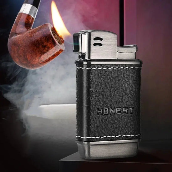 Professional Leather-Wrapped Pipe Lighter with Angled Flame Design, Refillable Windproof Butane Lighter for Tobacco Smokers HASHTAG BAR TABACCHI