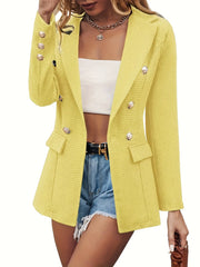 Lapel Double Breasted Blazer, Elegant Long Sleeve Work Office Outerwear With Pockets, Women's Clothing HASHTAG