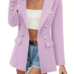 Lapel Double Breasted Blazer, Elegant Long Sleeve Work Office Outerwear With Pockets, Women's Clothing HASHTAG