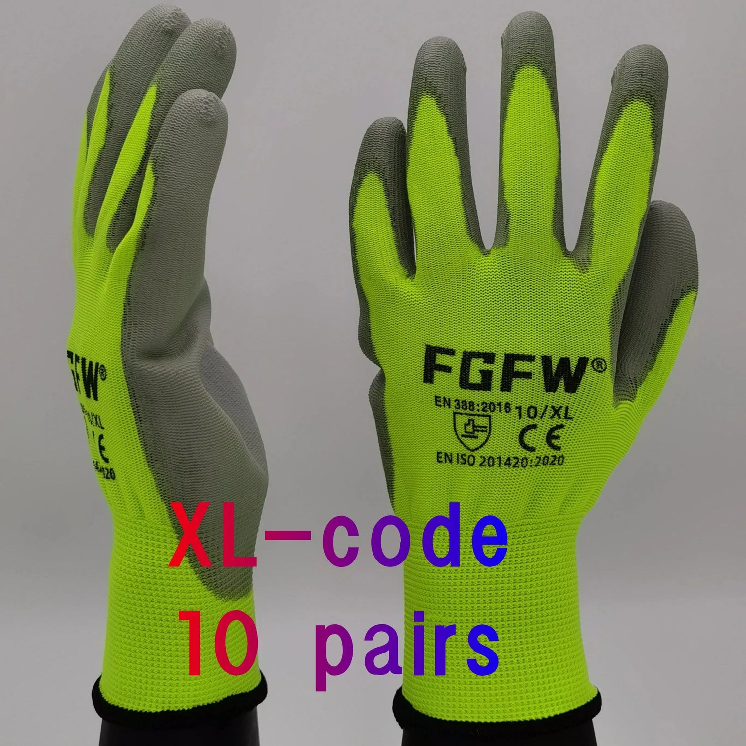 10 Pairs PU Coated Work Gloves - Lightweight, Durable Safety Gloves EN 388/ISO20471 Certified, Sizes S/M/L/XL - HASHTAG