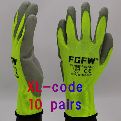10 Pairs PU Coated Work Gloves - Lightweight, Durable Safety Gloves EN 388/ISO20471 Certified, Sizes S/M/L/XL - HASHTAG