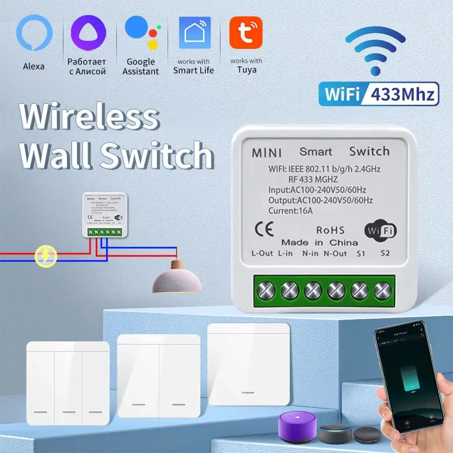 1/2/3Gang Wall Switch RF 433Mhz Wireless Light Switch Tuya Smart Wifi Switch Smart Life APP Voice Control with Alexa Google Home