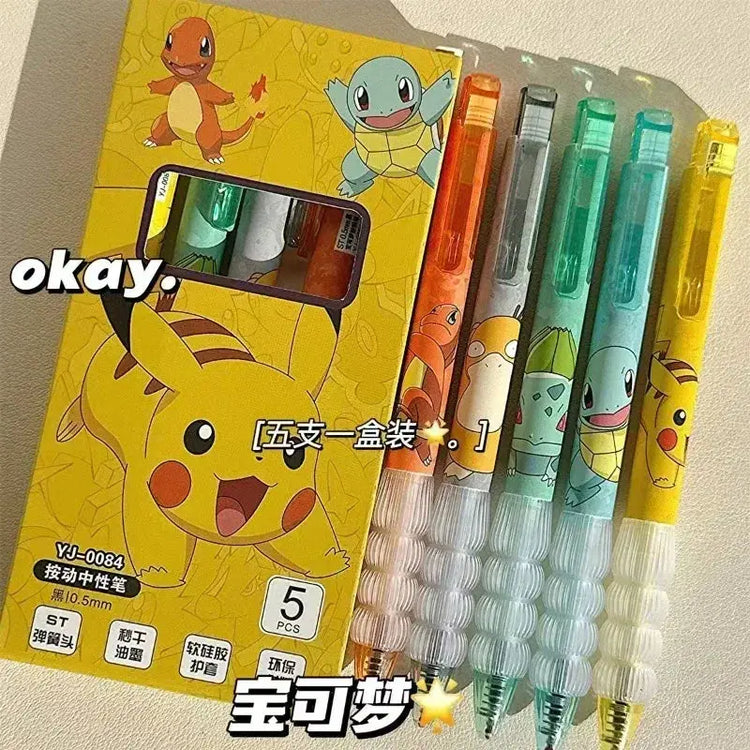 5pcs Pokemon Pikachu Gel Pen Cute Anime Cartoon Charmander Squirtle Press on Gel Pen Stationery School Supplies Holiday Gifts - HASHTAG