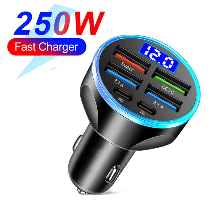 66-250W PD Car Charger QC3.0 Fast Charge One to Six Car Cigarette Lighter Plug Car Charger Flash Charge with Digital Display - HASHTAG