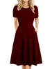 Elegant Retro A-line Dress, Short Sleeve Casual Dress For Spring & Summer, Women's Clothing HASHTAG
