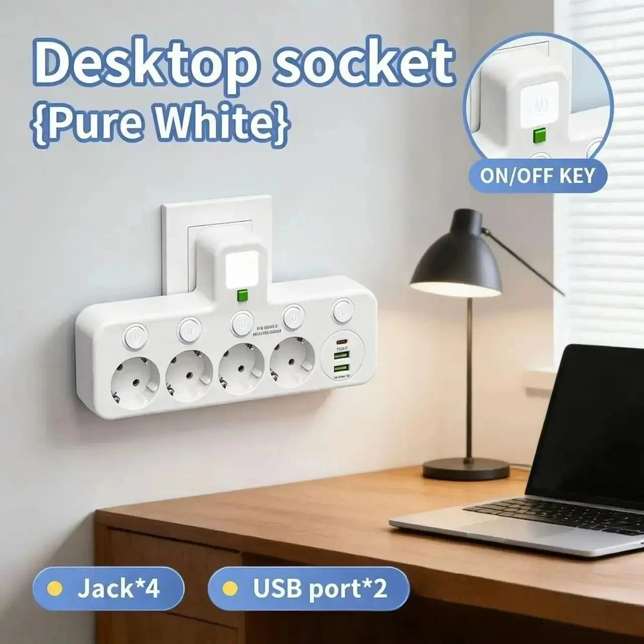 EU plug and socket, 4-pole socket, multifunctional wall plug, with or without extension cords or USB and Type-C interfaces HASHTAG