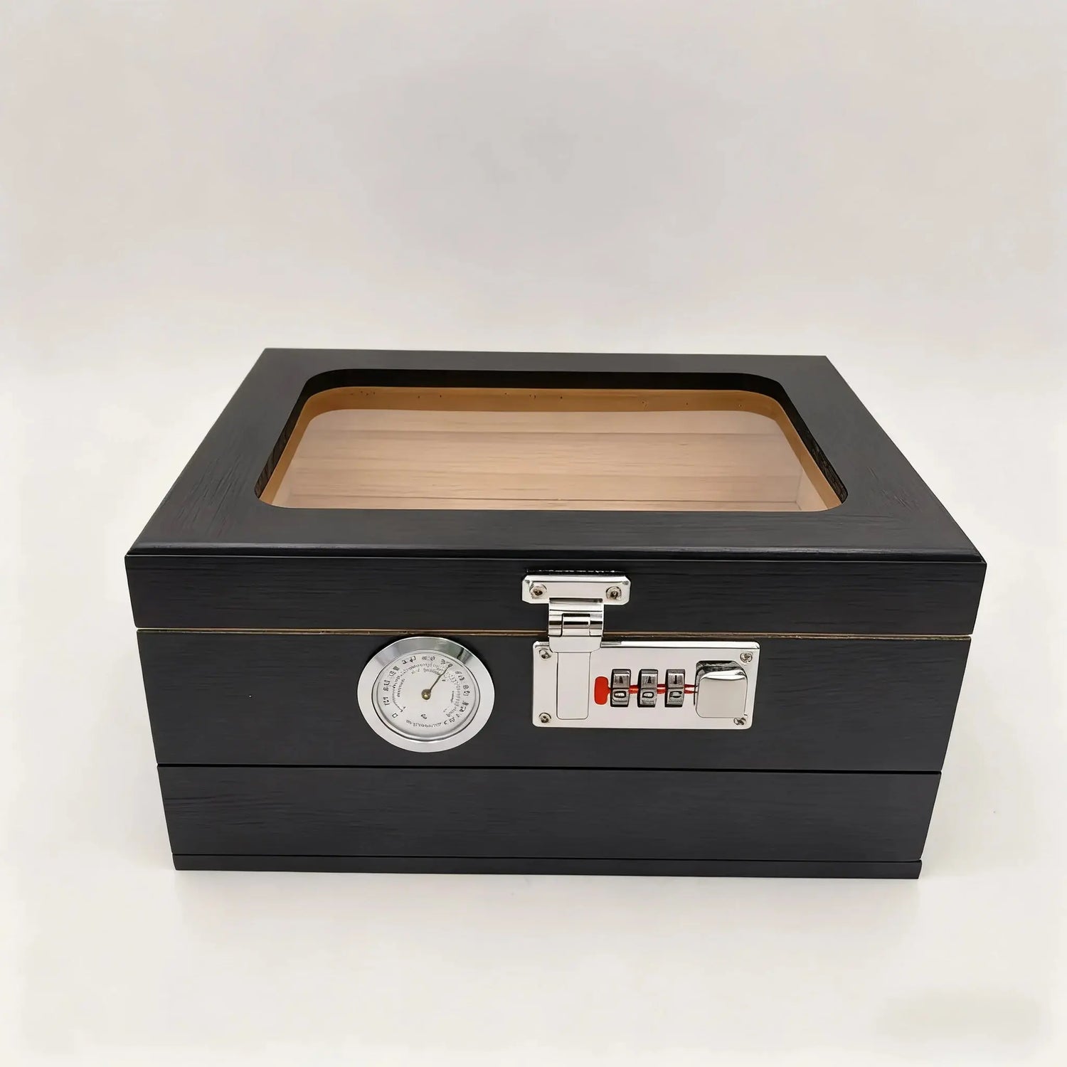 Cigar Humidor Solid Wood Combination Lock, Glass Top Cedar Storage Box Holds 35 Cigars, Humidifier Hygrometer Accessory Drawer HASHTAG