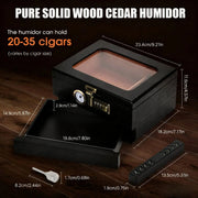 Cigar Humidor Solid Wood Combination Lock, Glass Top Cedar Storage Box Holds 35 Cigars, Humidifier Hygrometer Accessory Drawer HASHTAG