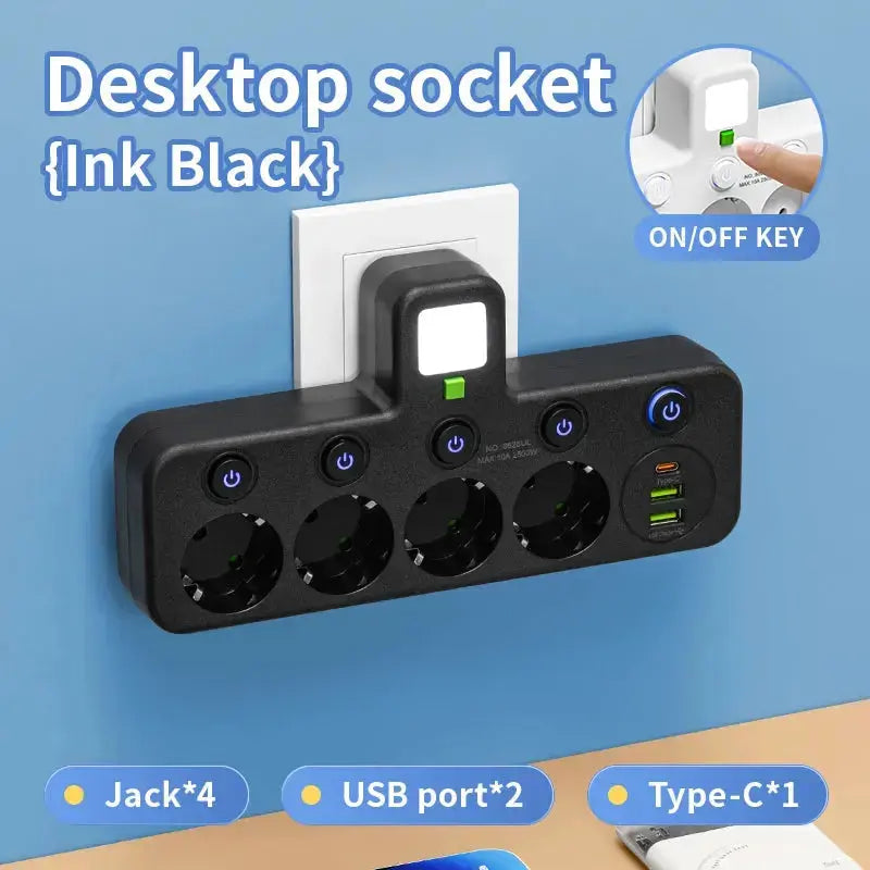 EU plug and socket, 4-pole socket, multifunctional wall plug, with or without extension cords or USB and Type-C interfaces HASHTAG