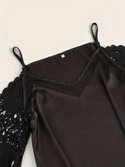 Cold Shoulder Mesh Contrast Blouse, Casual Lace Sleeve V Neck Blouse For Spring & Summer, Women's Clothing HASHTAG