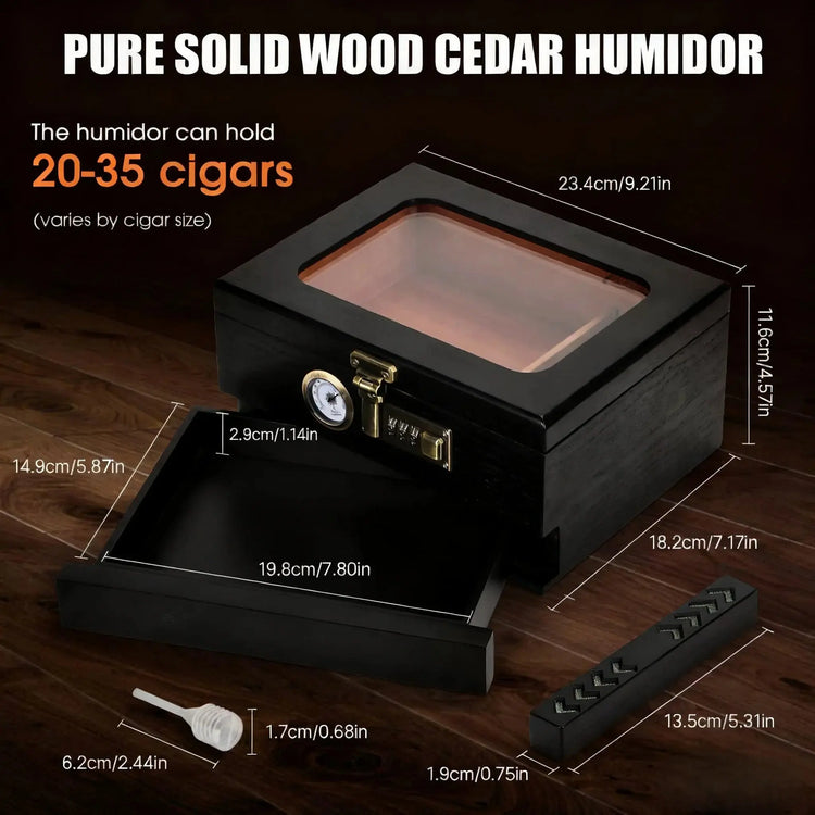 Cigar Humidor Solid Wood Combination Lock, Glass Top Cedar Storage Box Holds 35 Cigars, Humidifier Hygrometer Accessory Drawer HASHTAG