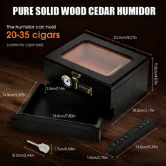 Cigar Humidor Solid Wood Combination Lock, Glass Top Cedar Storage Box Holds 35 Cigars, Humidifier Hygrometer Accessory Drawer HASHTAG