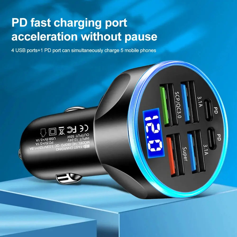 66-250W PD Car Charger QC3.0 Fast Charge One to Six Car Cigarette Lighter Plug Car Charger Flash Charge with Digital Display - HASHTAG